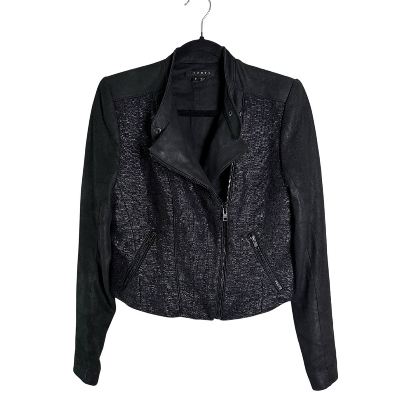 Theory Black Scheli Cross Hatch Silk Goat Leather Moto Jacket Size 8 B0602101